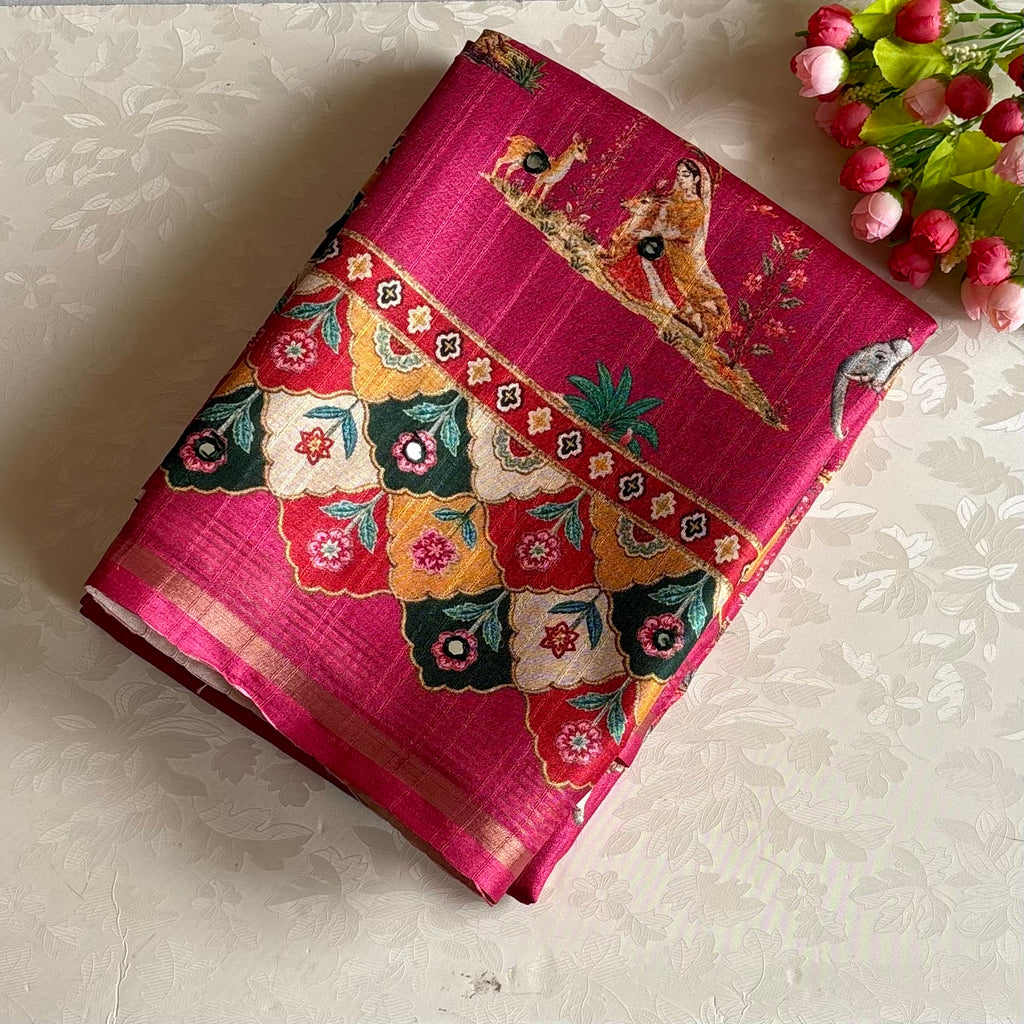 Rose Pink Designer Soft Printed Tussar Saree Mustard Yellow & Mirror Work
