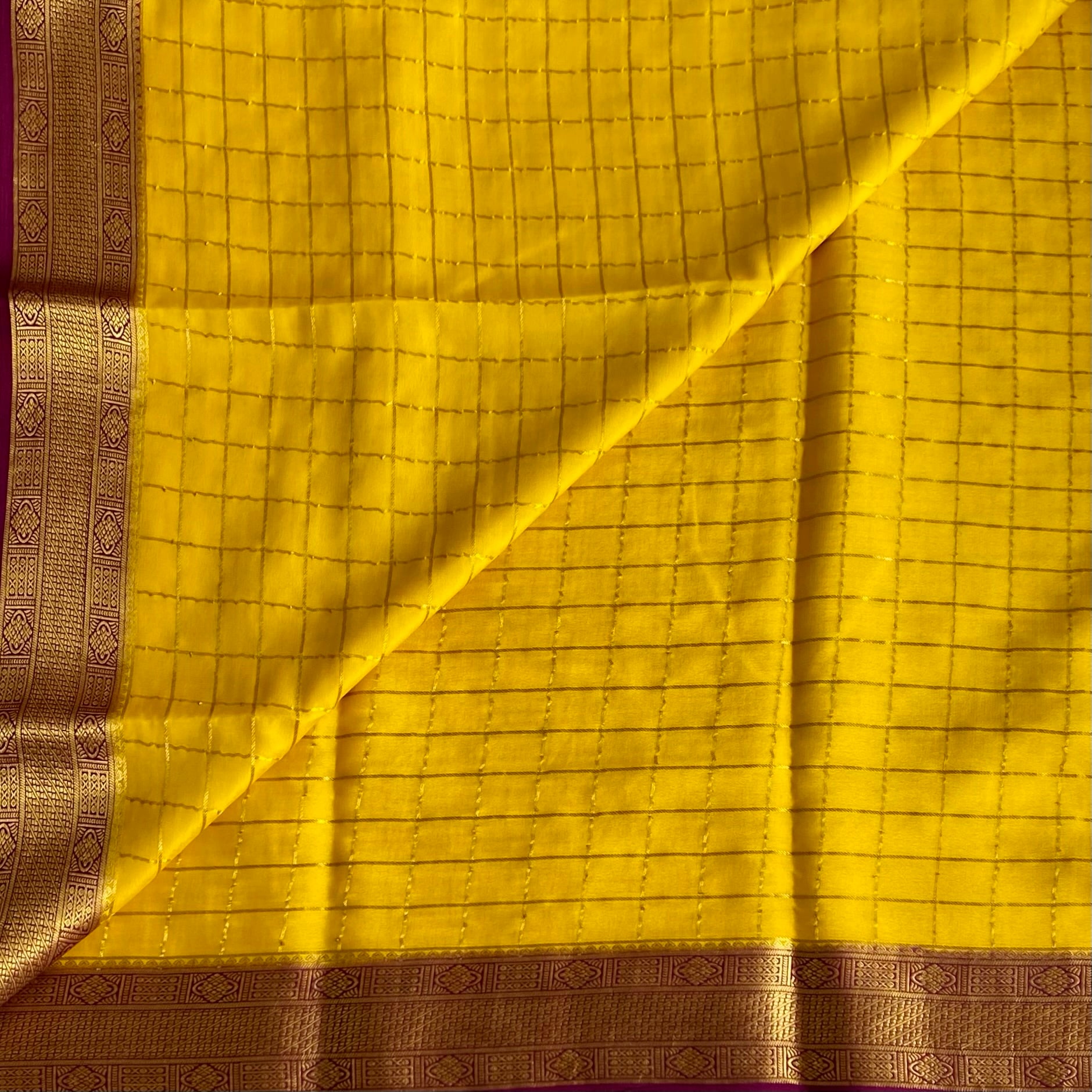 Mustard Yellow Mysore Crepe Silk Saree With Deep Magenta Border
