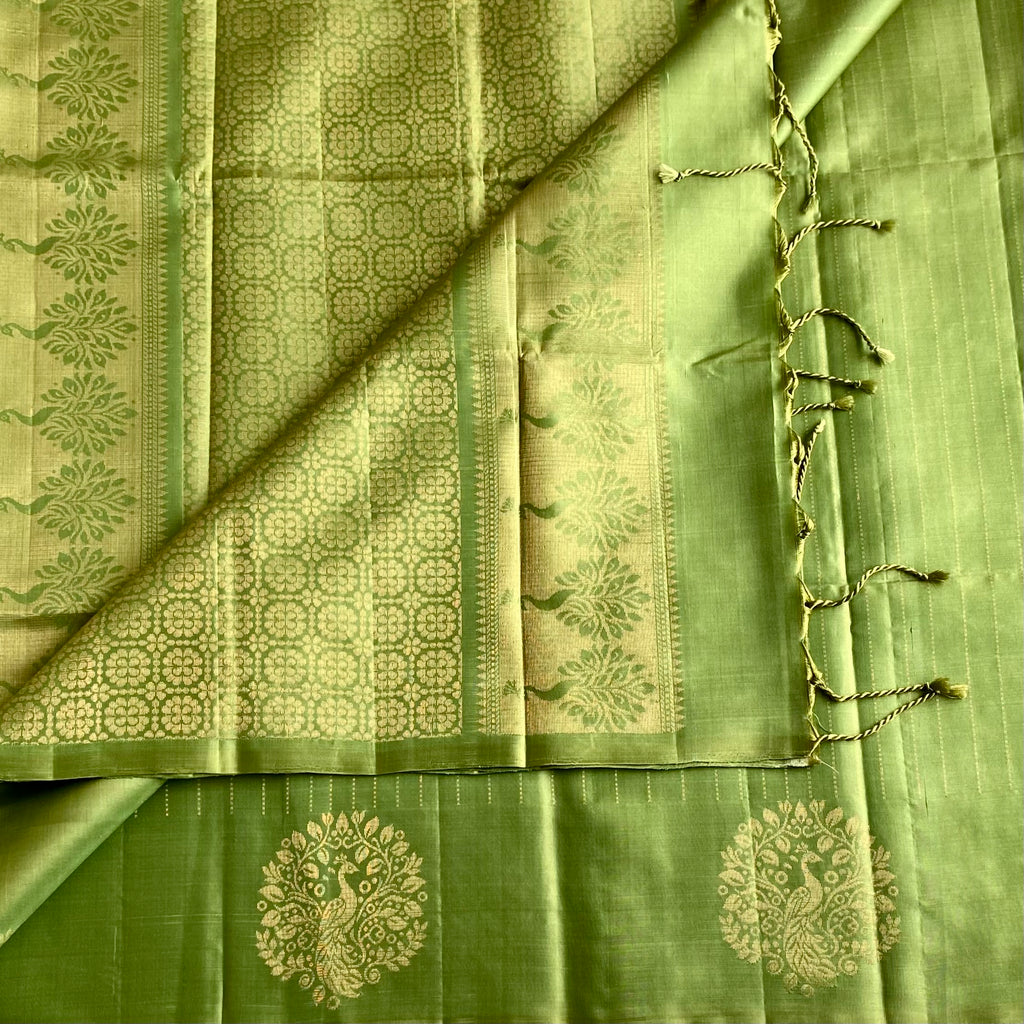 Pastel Green Designer Pure Silk Saree With Gold Zari Border