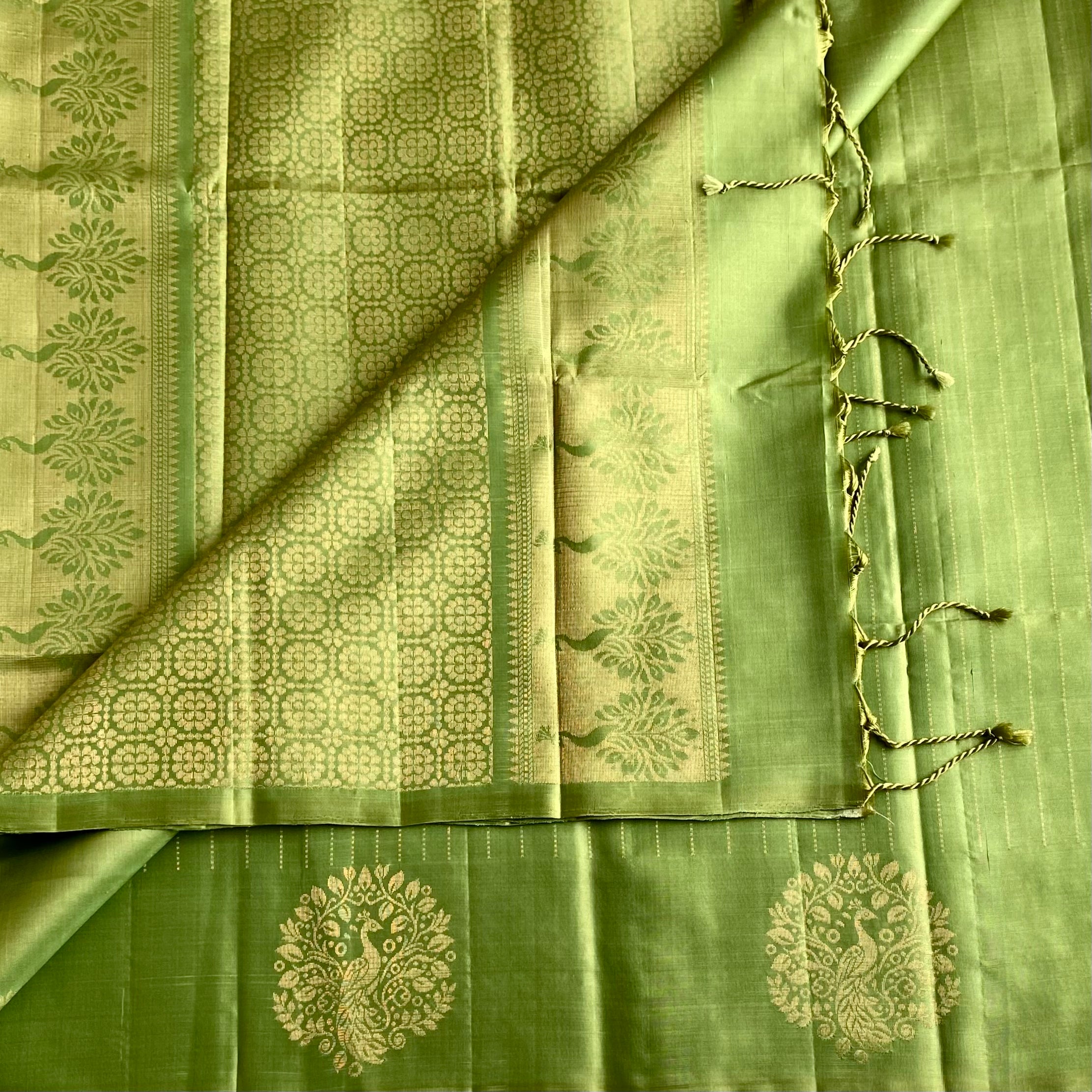 Pastel Green Designer Pure Silk Saree With Gold Zari Border