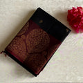 Jet Black Designer Pure Silk Saree With Deep Maroon Pallu