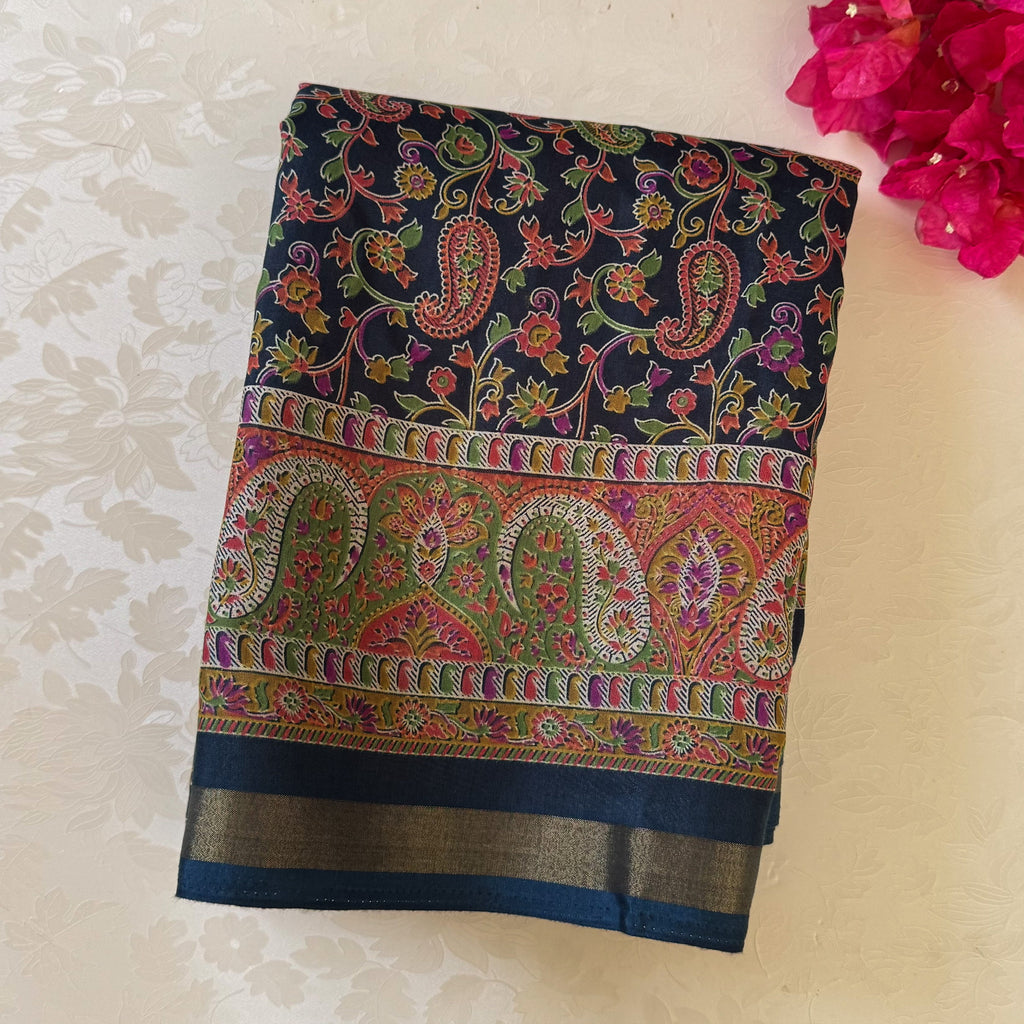 Midnight Blue Paisley Floral Silk Saree with Gold Zari Border