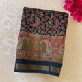 Midnight Blue Paisley Floral Silk Saree with Gold Zari Border