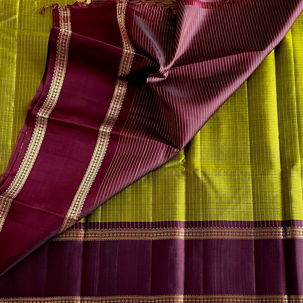 Burgundy Designer Pure Silk Saree With Lime Green Contrast Panel