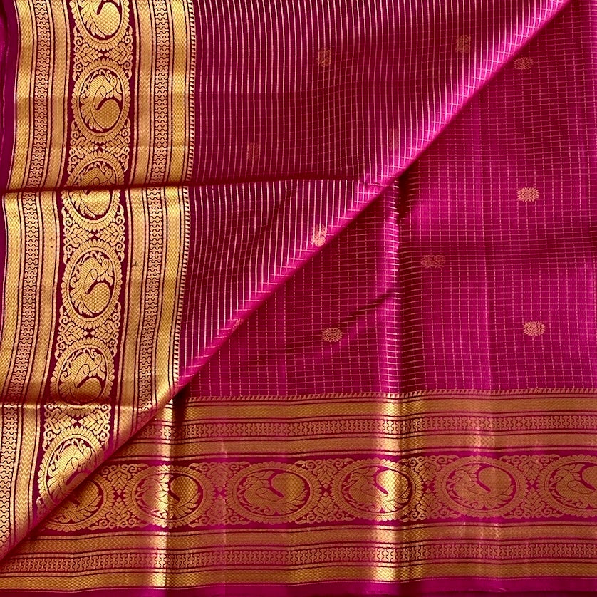 Fuchsia Gold Brocade Silk Saree With Medallion Border And Pallu
