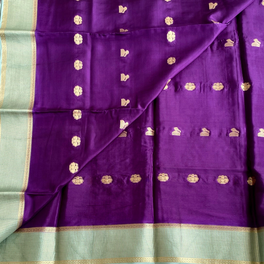 Royal Purple Soft Crepe Silk Saree With Seafoam Green Pallu Zari Border