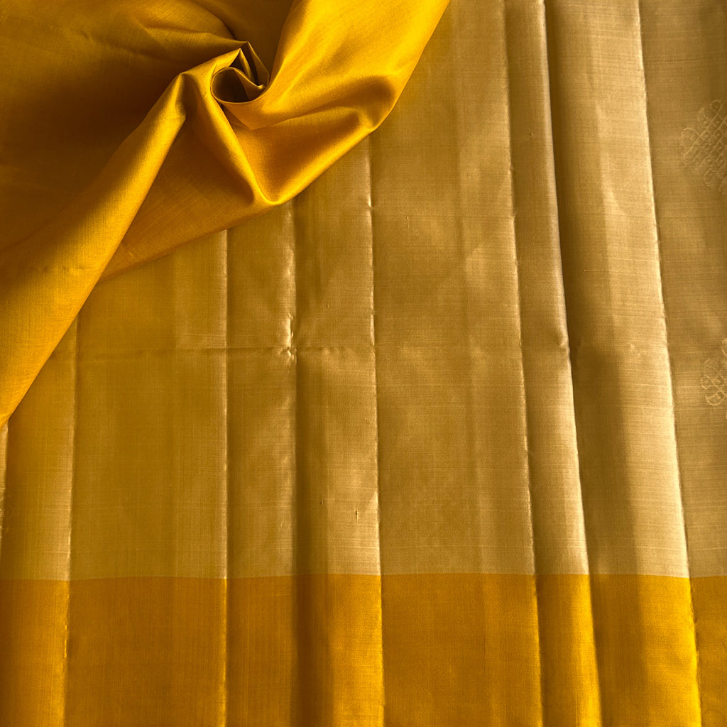 Deep Beige with Mango Yellow Kollam Zari woven Lightweight Pure Silk