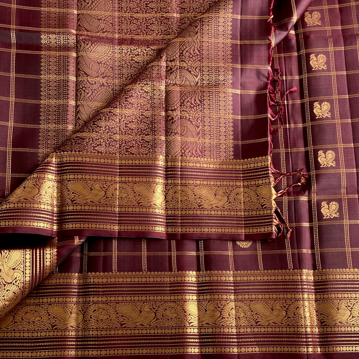Deep Chocolate Maroon Designer Pure Silk Saree With Antique Gold Pallu