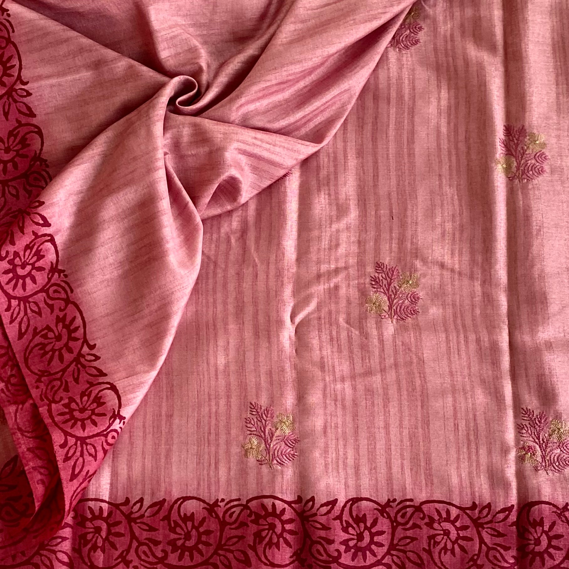 Light Pink Saree with Magenta Floral Border Paisley Gold Threadwork