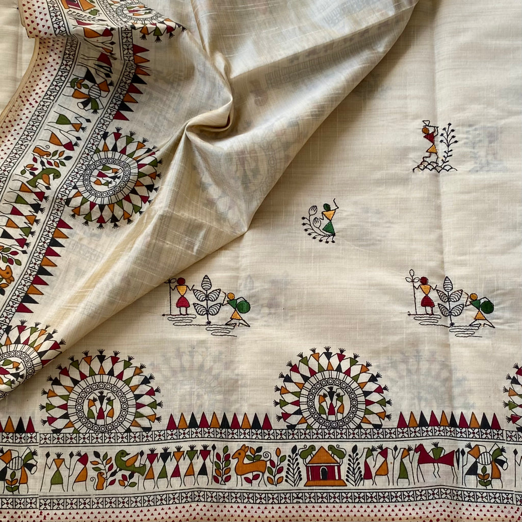 Cream Folk Printed Saree With Maroon Tassel Border For Festivals