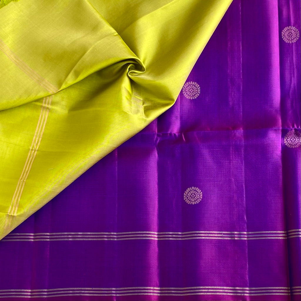 Dual Shaded Magenta Purple Designer Pure Silk Saree With Chartreuse Green Pallu