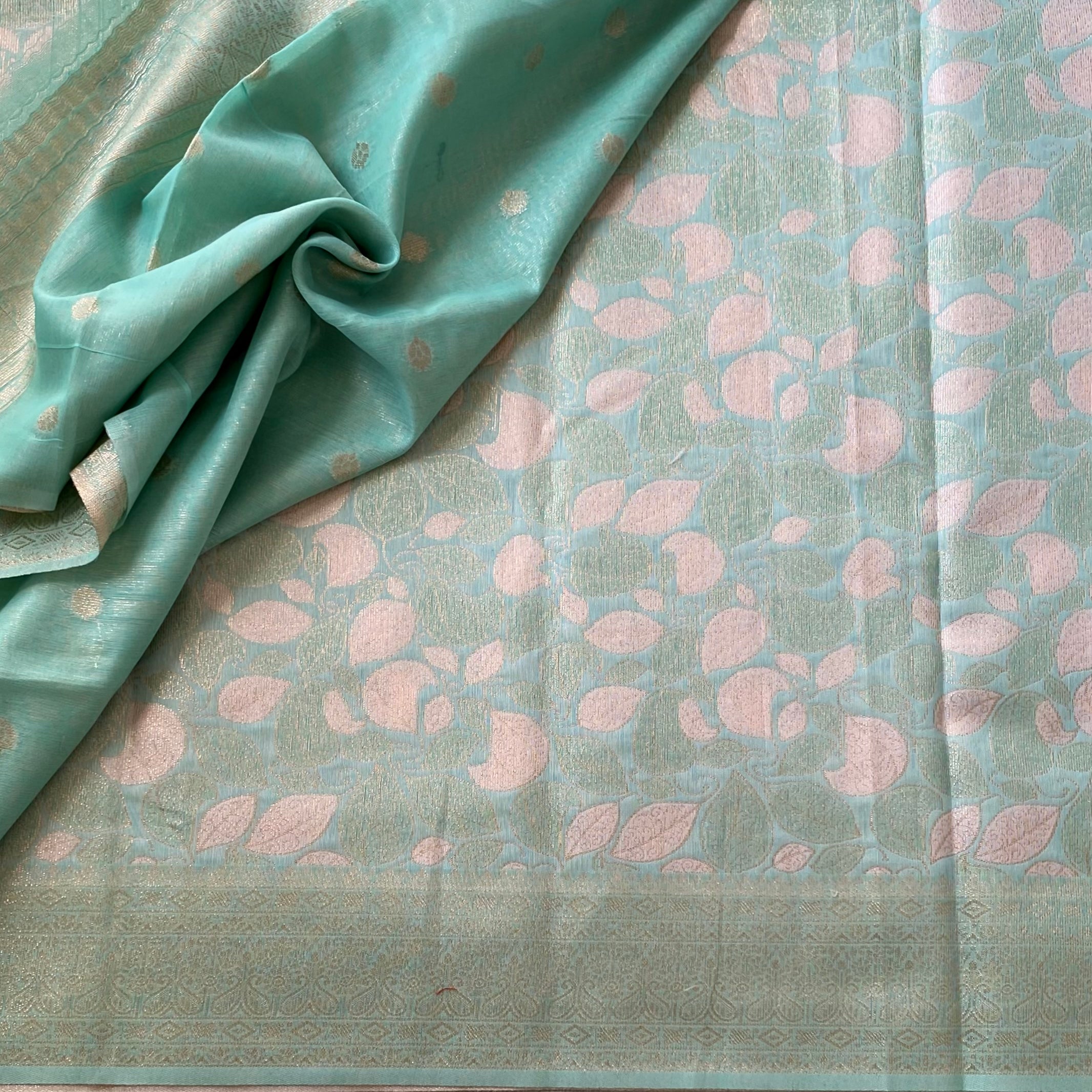 Mint Green Blush Pink Leaf Brocade Saree With Tassel Pallu
