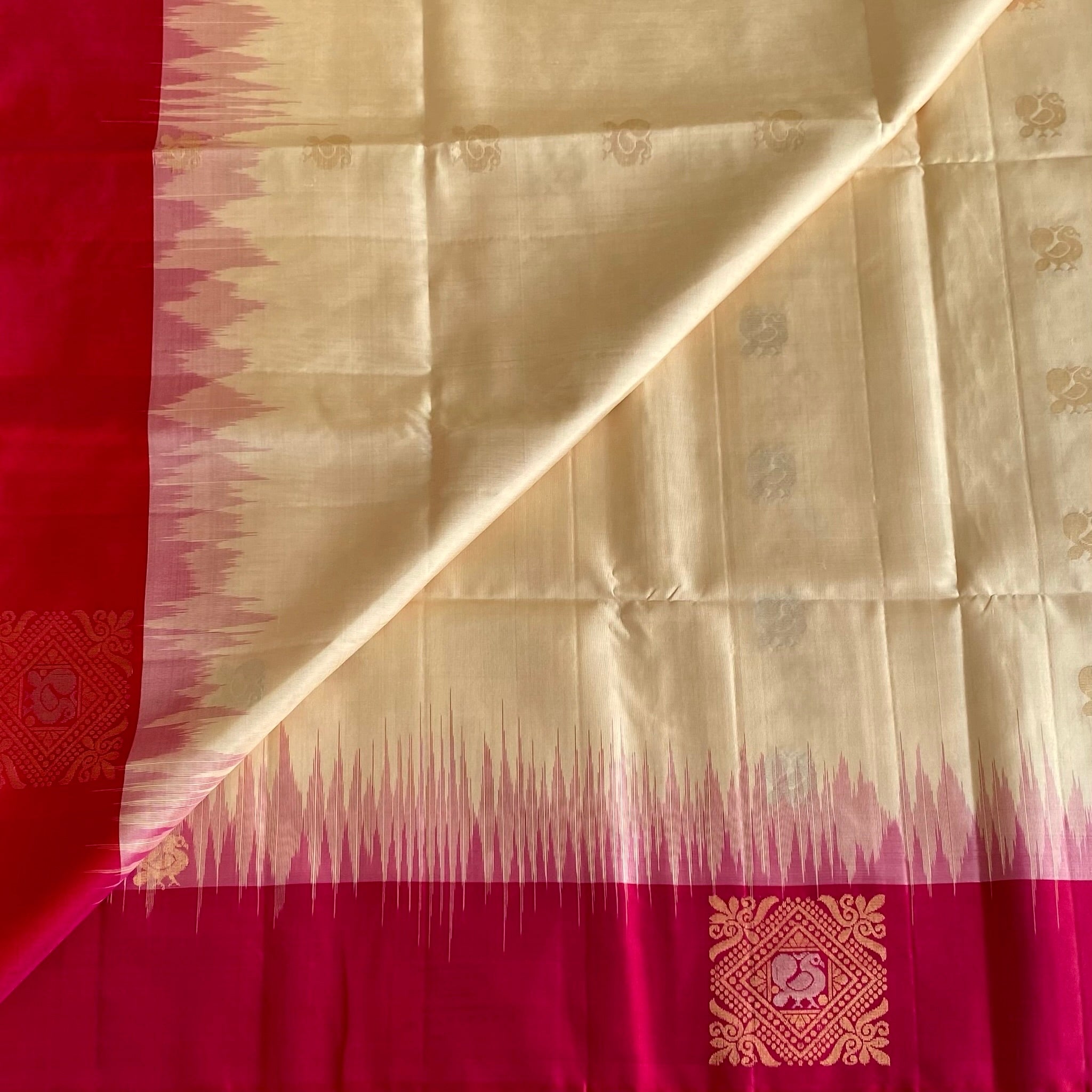Ivory Pearl Designer Pure Silk Saree With Rani Pink And Gold Brocade
