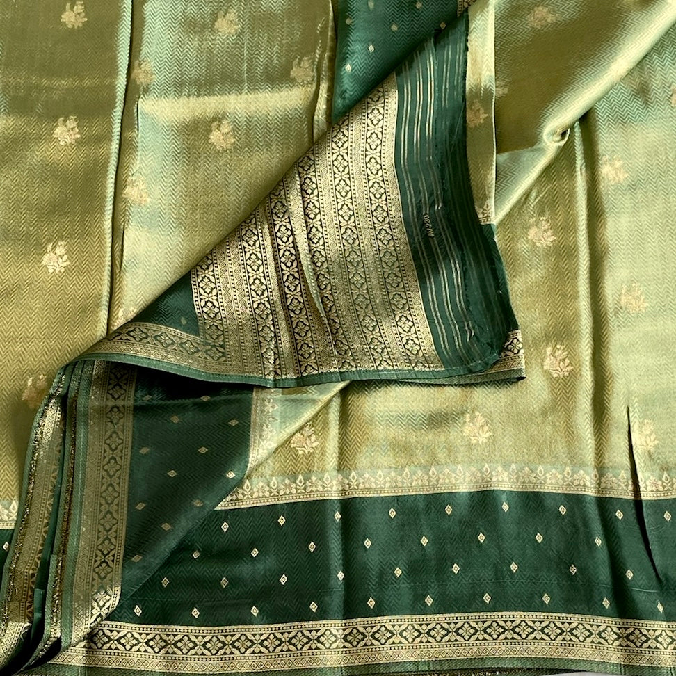 Shimmery Pista Green Soft Blended Silk With Bottle green Border