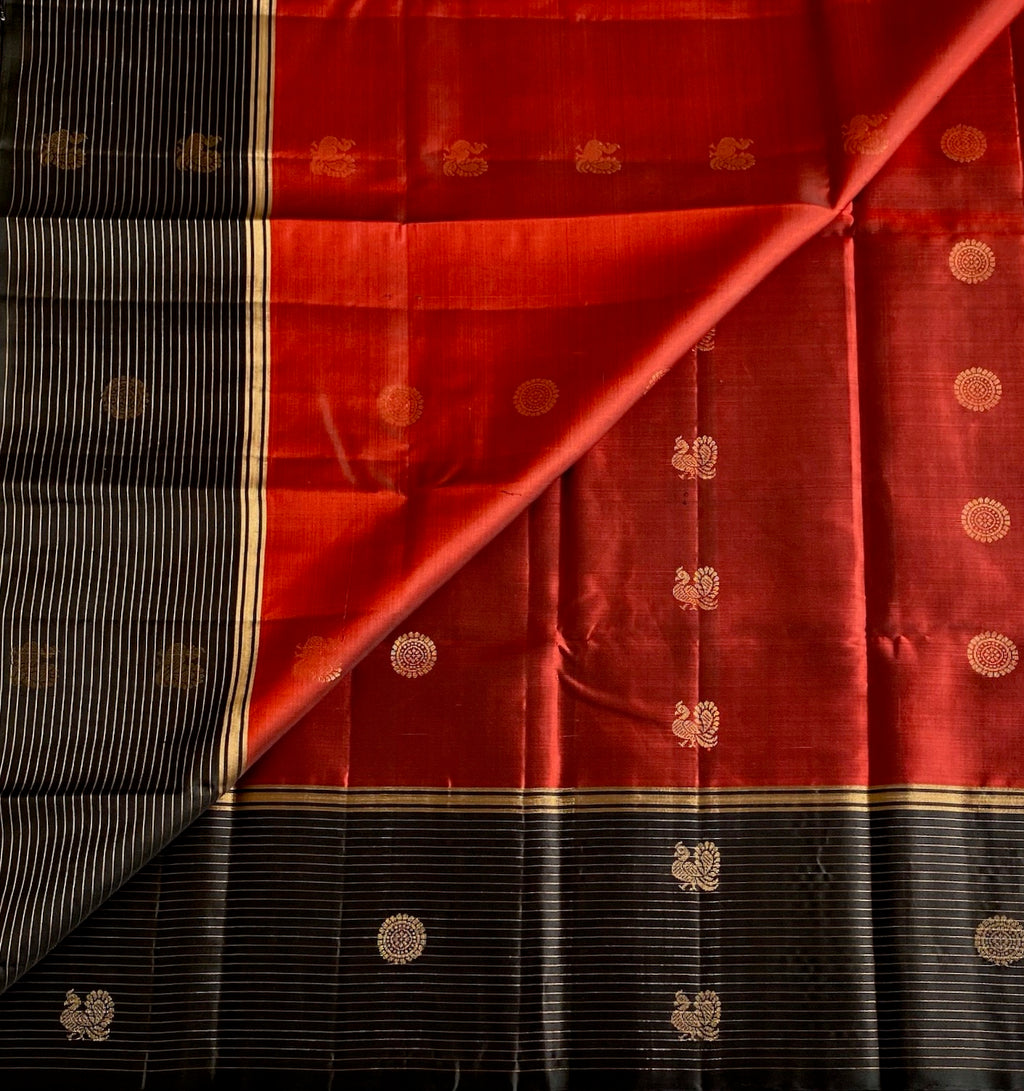 Jet Black Designer Pure Silk Saree With Crimson Red Border