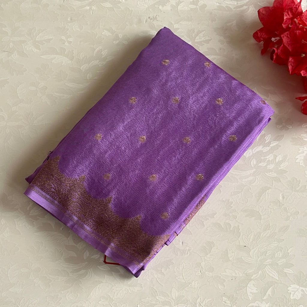 Lavender Purple Banarasi Crepe Silk Saree With Antique Gold Brocade
