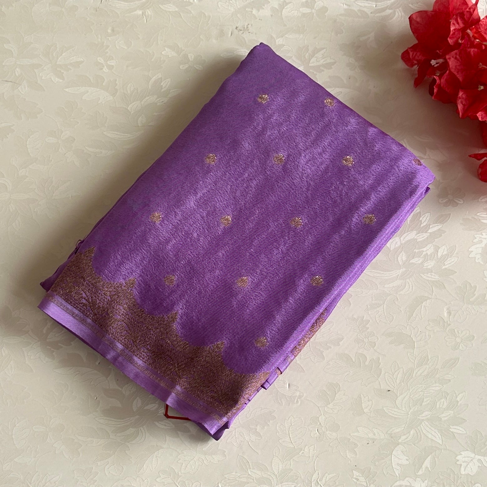 Lavender Purple Banarasi Crepe Silk Saree With Antique Gold Brocade