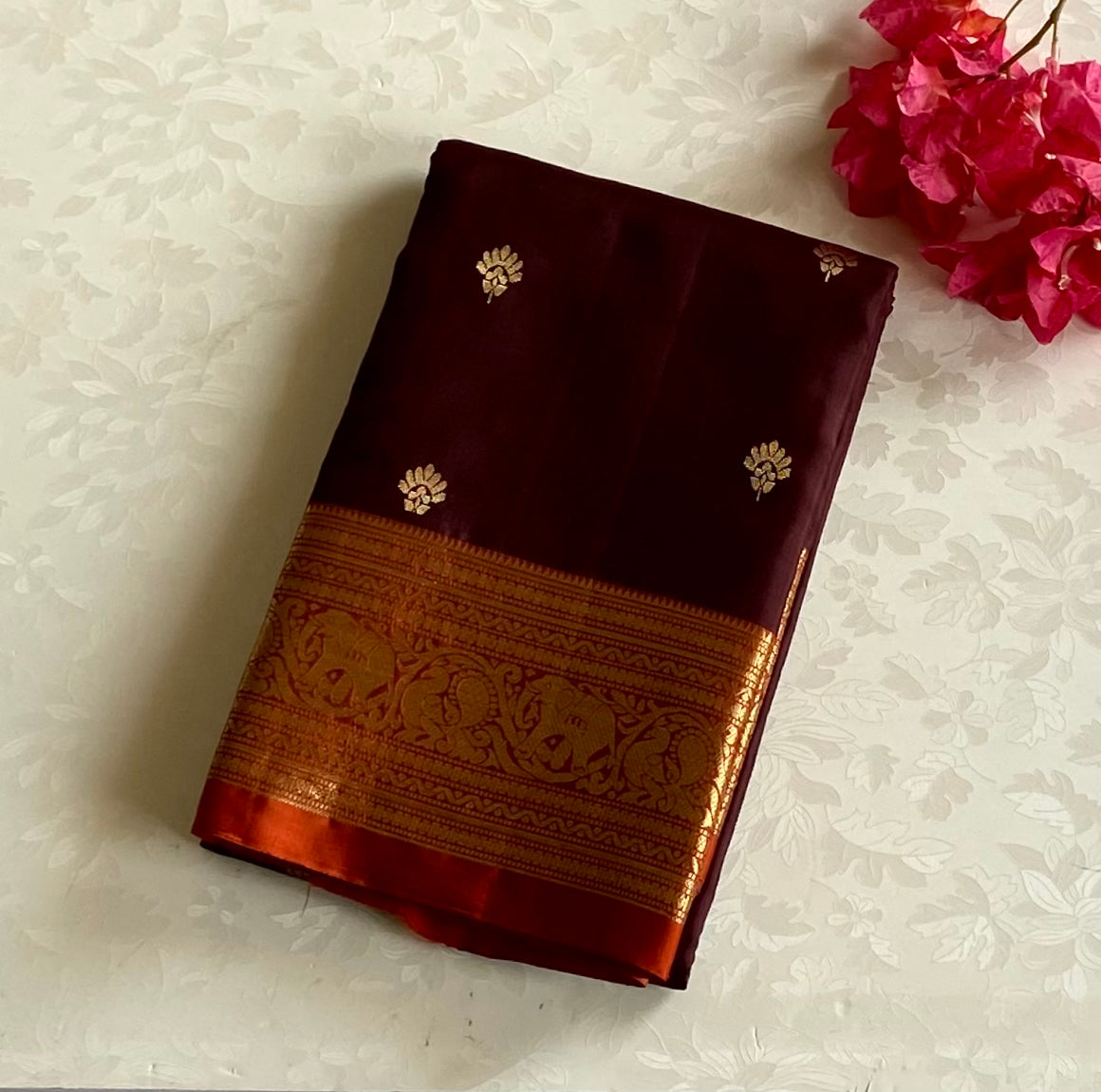 Deep Plum Silk Saree With Burnt Orange Zari Contrast Pallu