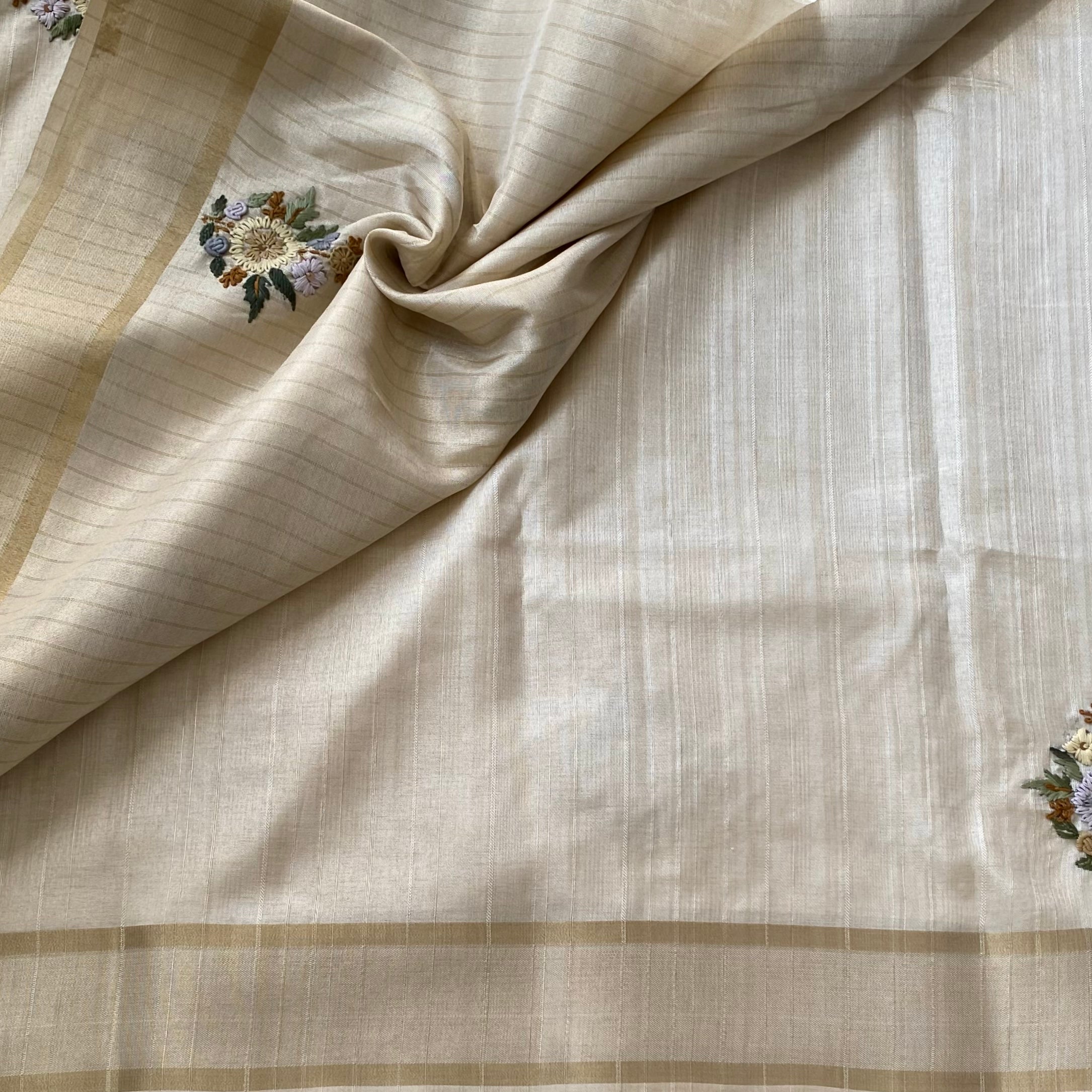 Cream Ivory Floral Embroidered Silk Saree with Gold Border Elegant