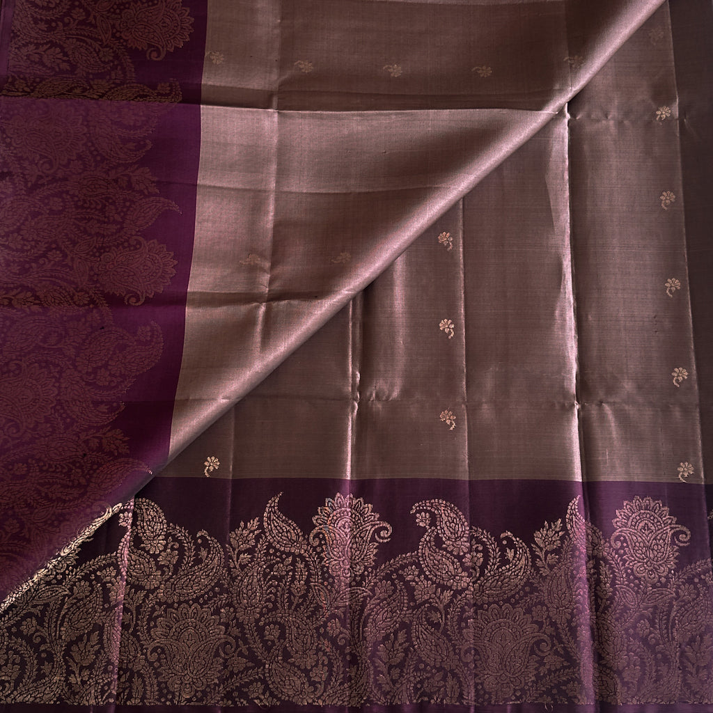 Plum Mauve Jacquard Saree Antique Gold Paisley Border Woven Pallu