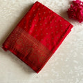 Crimson Red Soft Tussar Silk Saree With Antique Gold Paisley Pallu