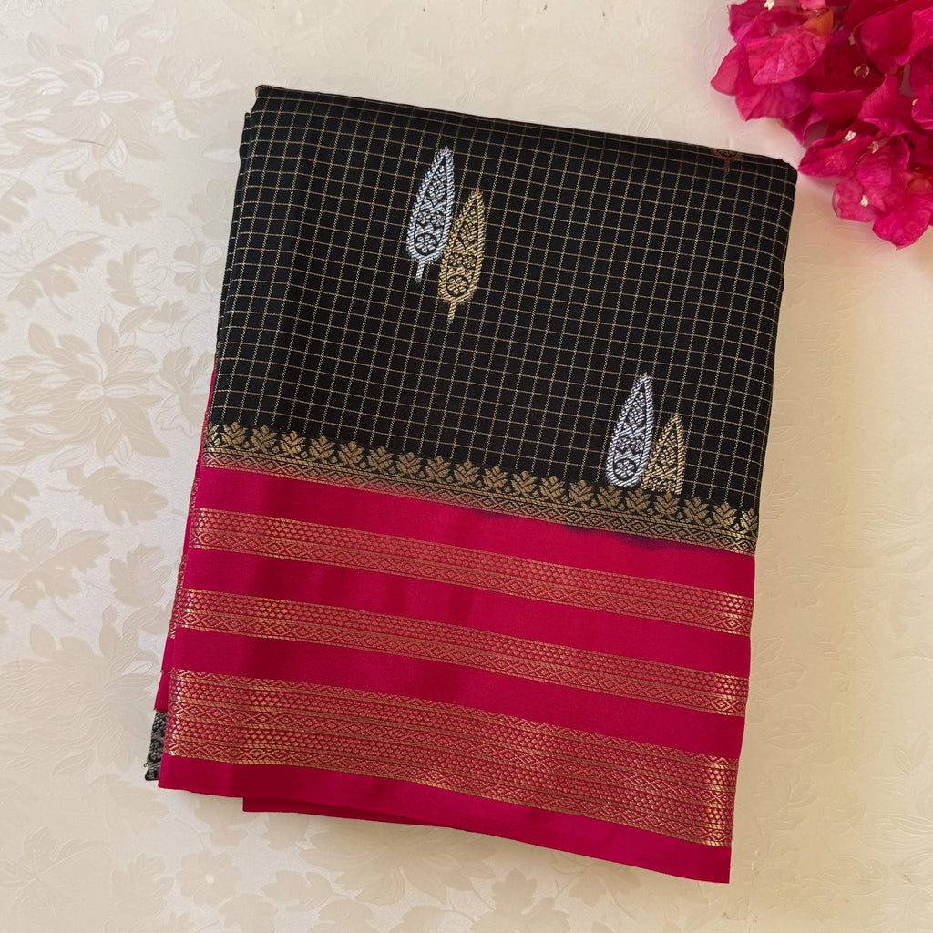 Charcoal Black Fuchsia Pink Zari Brocade Silk Saree Paisley Motifs