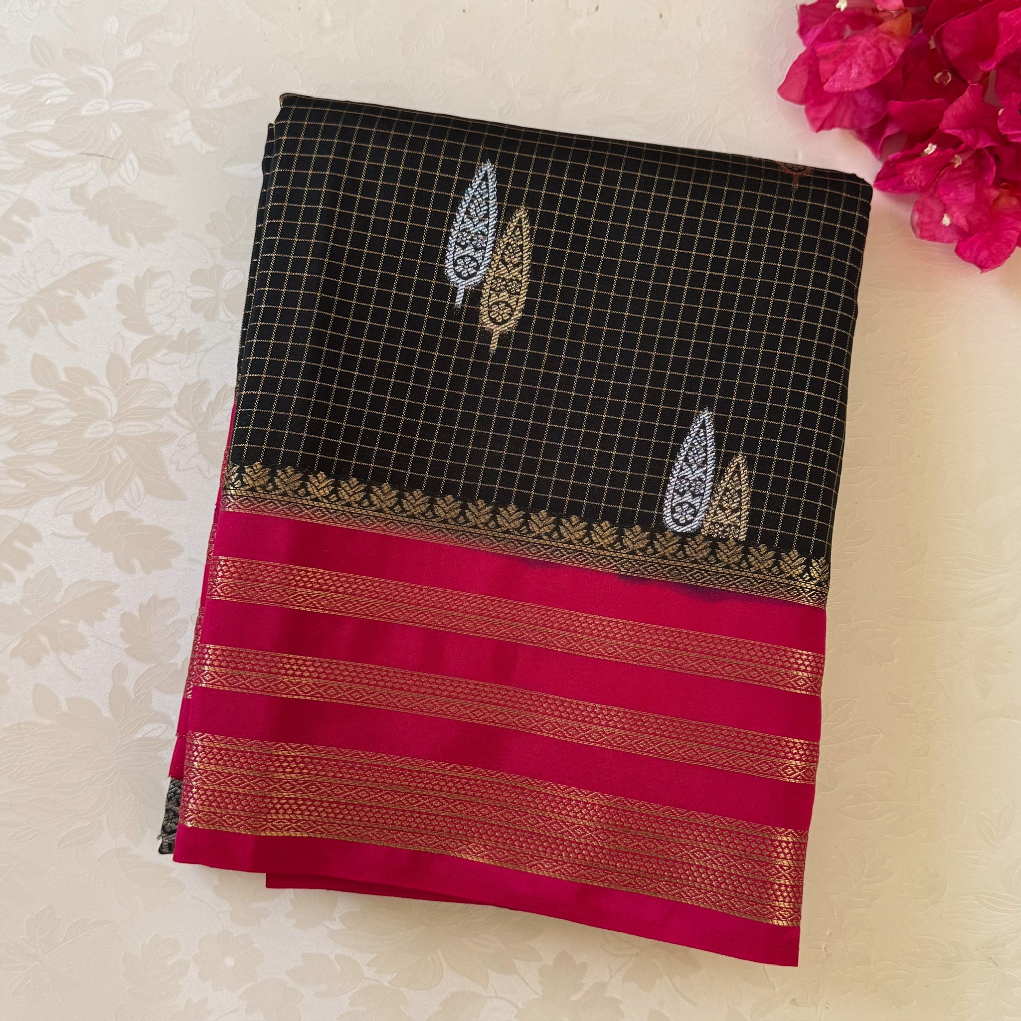 Charcoal Black Fuchsia Pink Zari Brocade Silk Saree Paisley Motifs