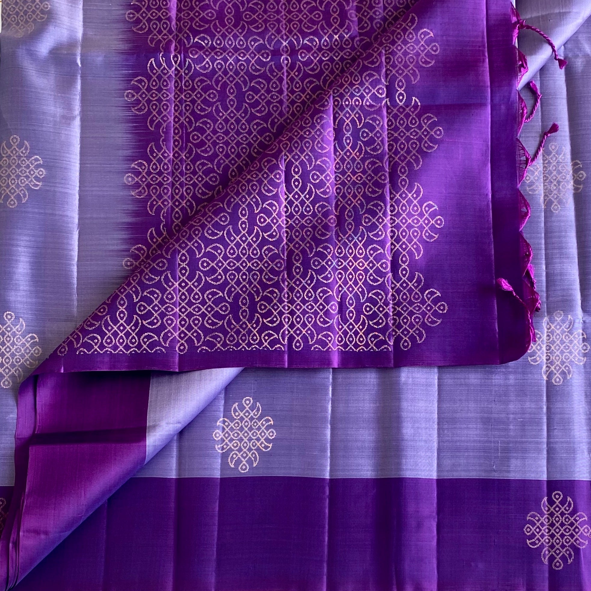 Metallic Lavender Designer Pure Silk Saree With Royal Purple Pallu