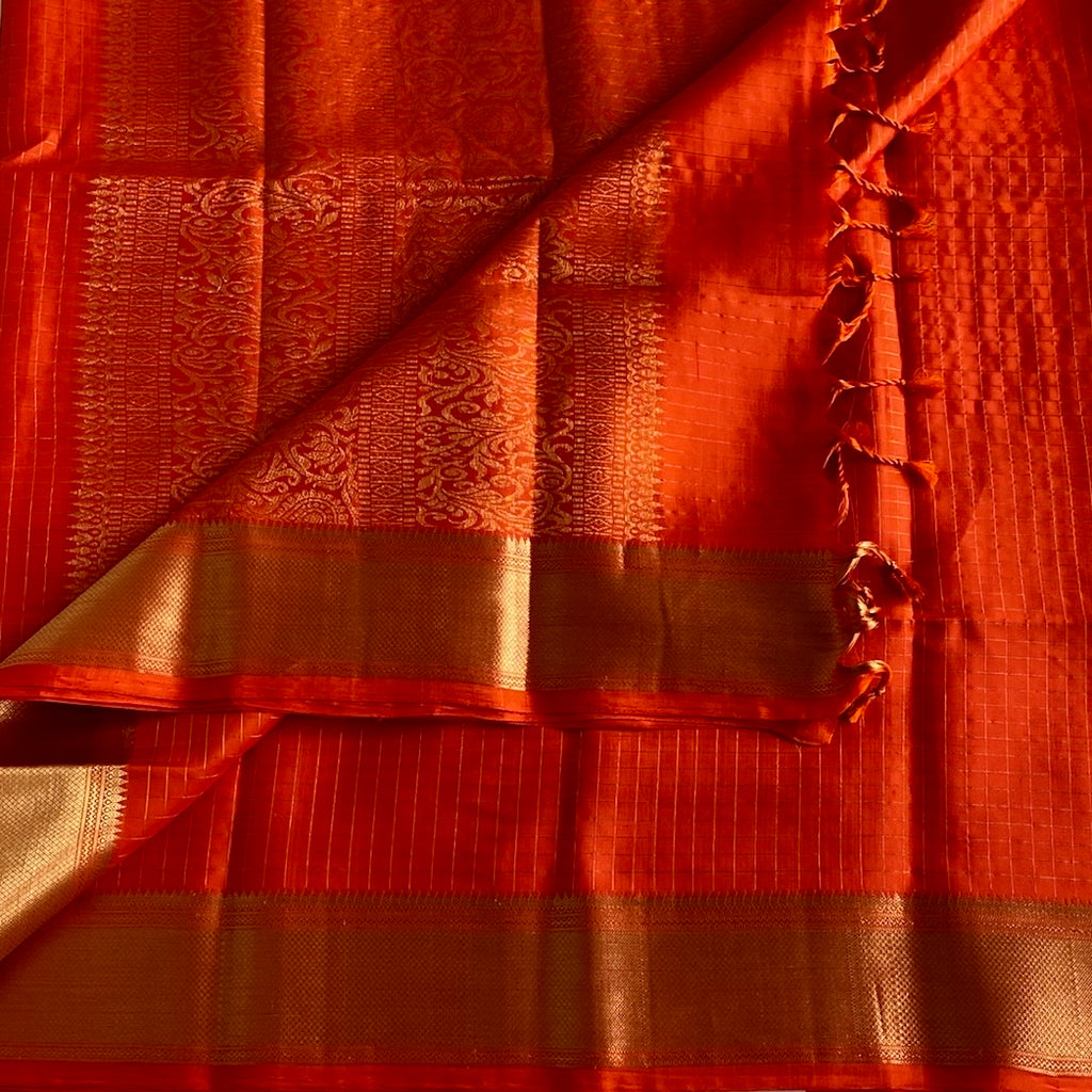 Saffron Orange Micro Checkered Designer Pure Silk with Gold Border