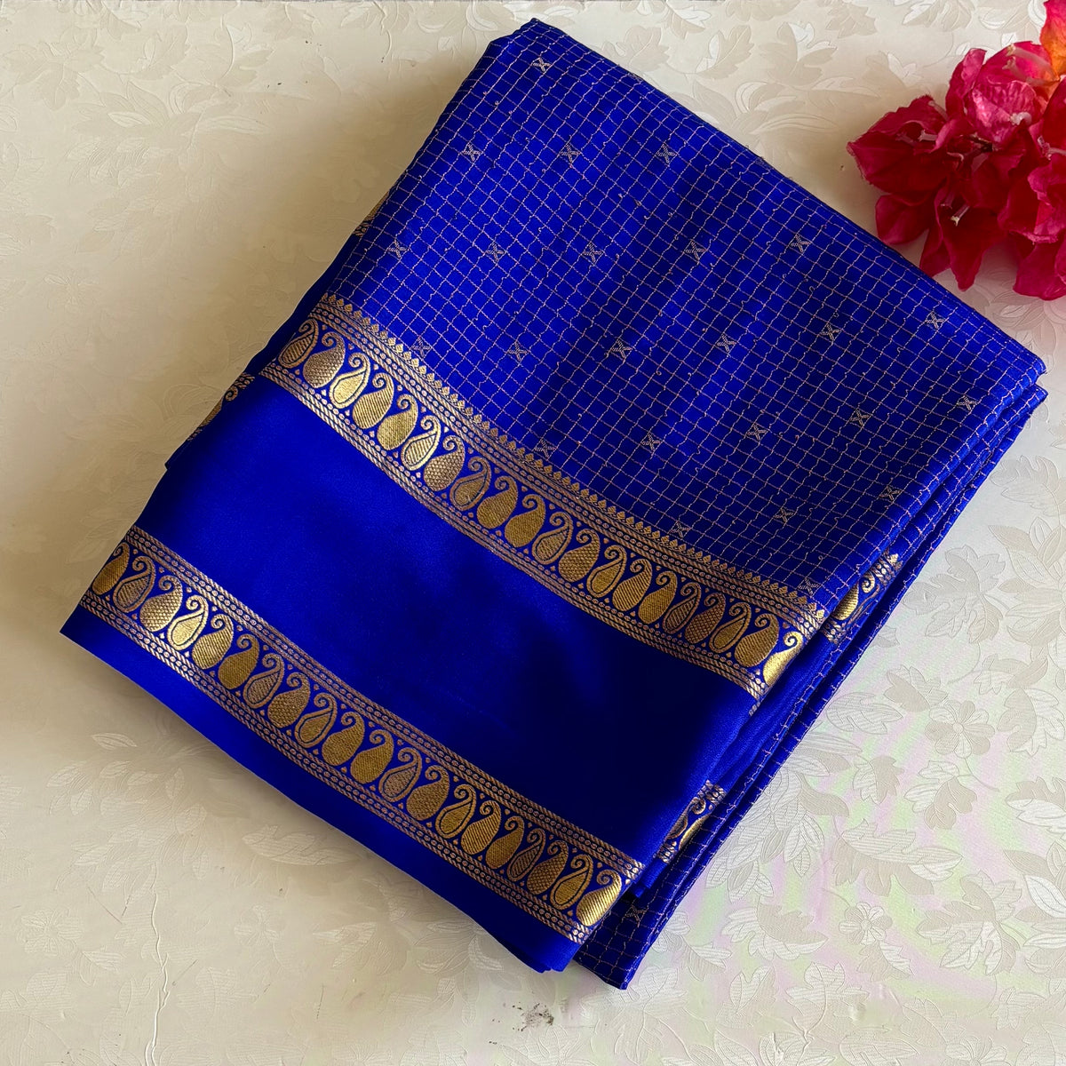 Royal Blue Mysore Crepe Silk Saree With Metallic Gold Paisley