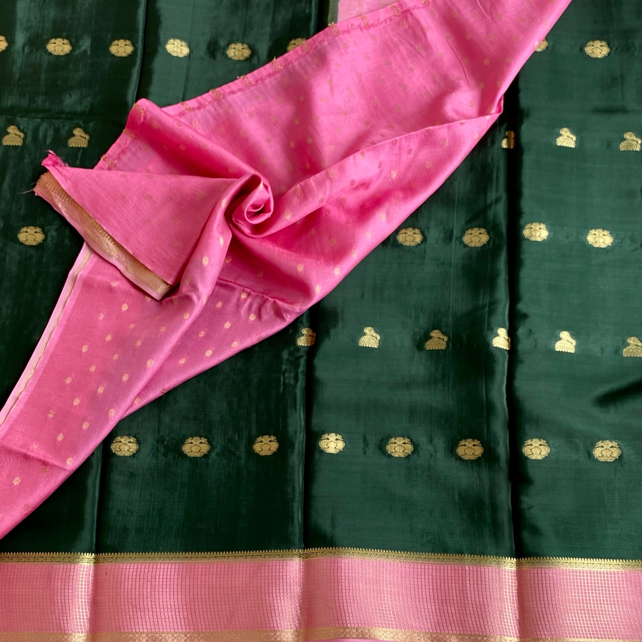Bottle Green Soft Satin Crepe Silk Saree With Rose Pink Pallu