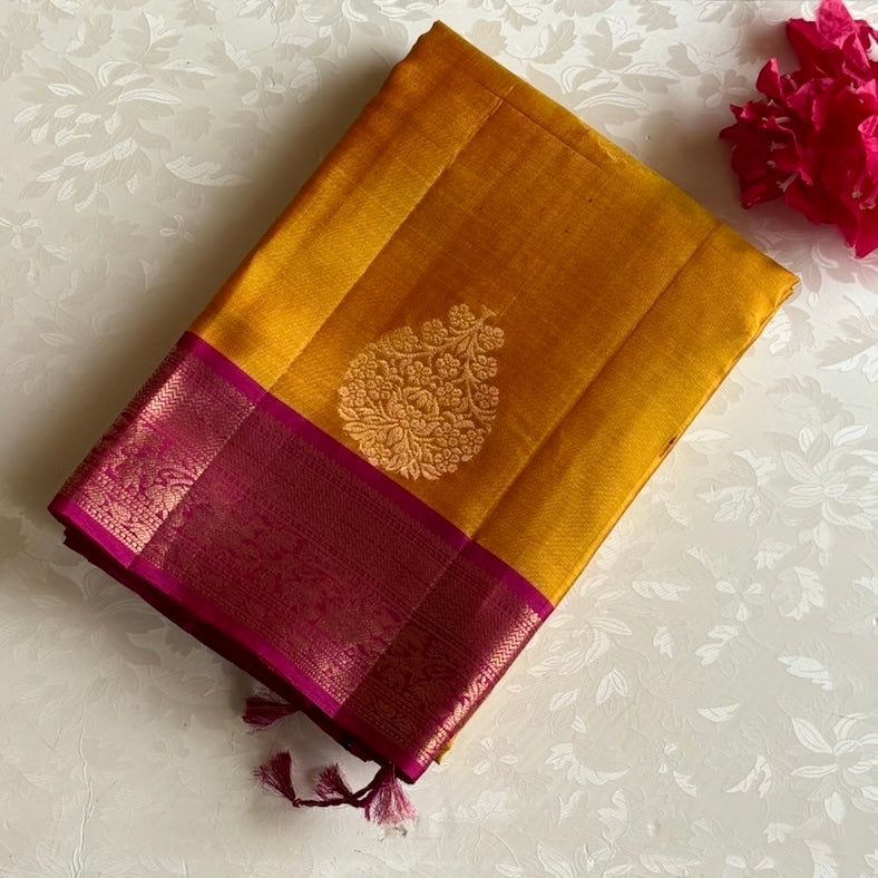 Mustard Gold Handloom Designer Pure Silk Saree With Raspberry Pink Pallu