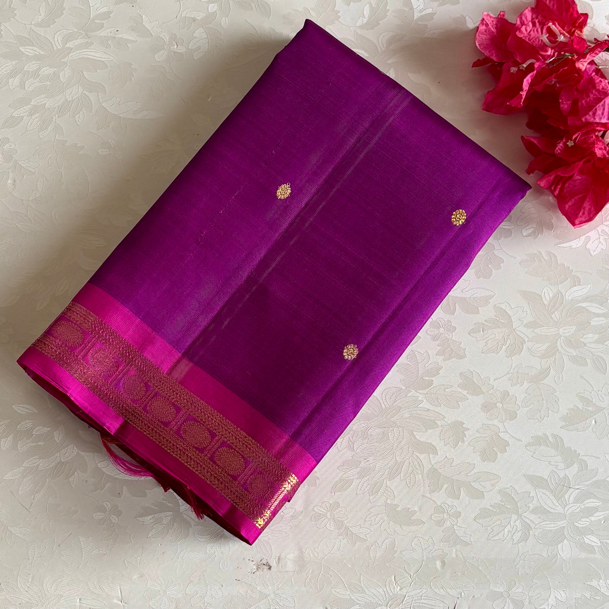 Deep Magenta With Rani Pink Kanjeevaram Pure Zari Silk Saree With Gold Border