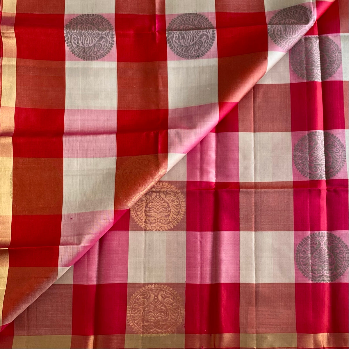 Champagne Beige & Rani Pink Checkered Designer Pure Silk Saree