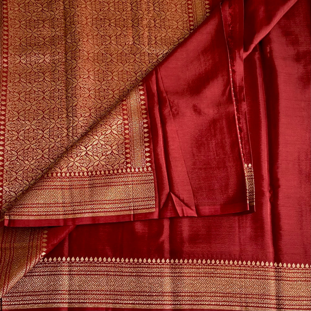 Deep Maroon Banarasi Crepe Silk Saree With Antique Gold Brocade