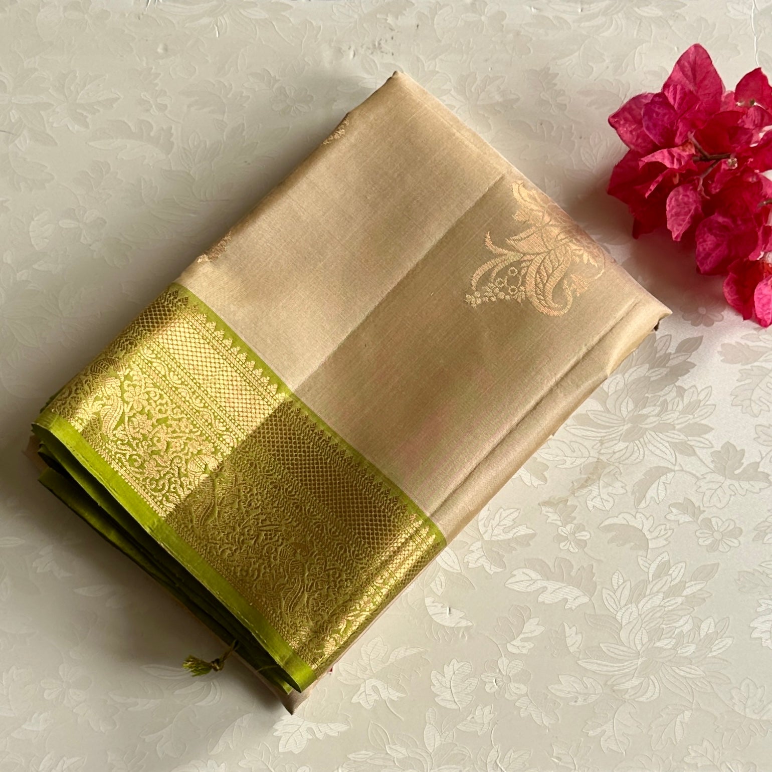 Elegant Pale Beige Lime Green Zari Woven Floral Traditional Saree