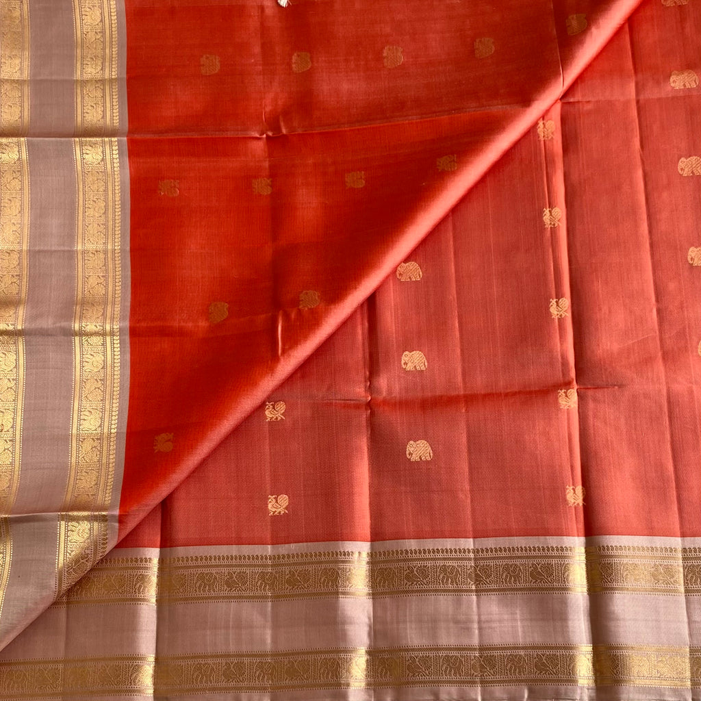 Coral Orange Designer Pure Silk Saree With Dusty Rose Pallu