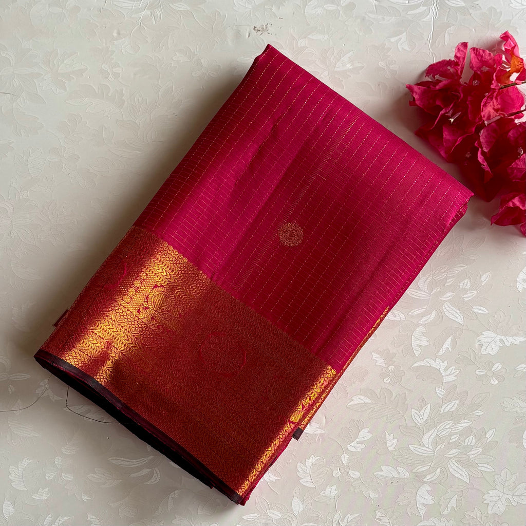 Raspberry Pink Kanjeevaram Pure Zari Silk Saree With Zari Checkered Weave