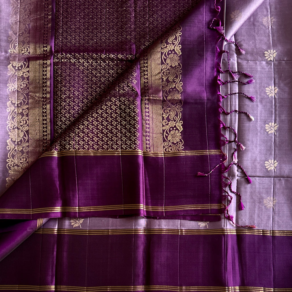 Purple silk saree gold zari floral border diamond pallu tassels