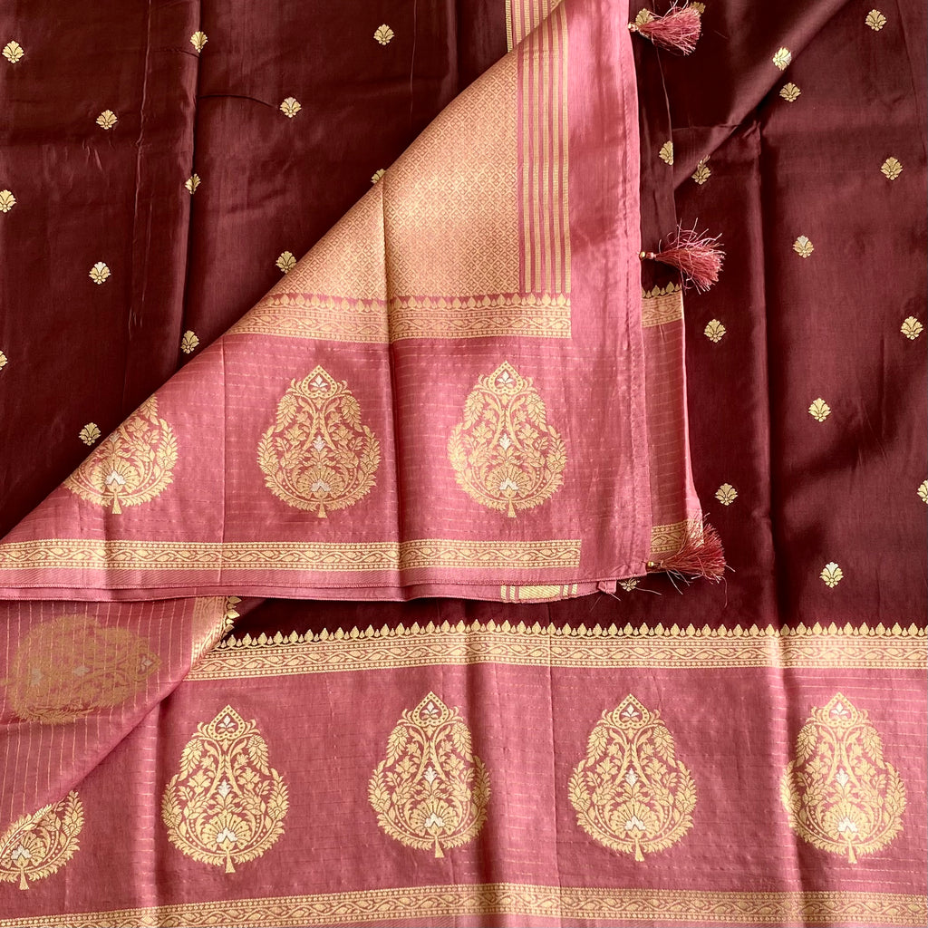 Deep Coffee Soft Tussar Silk Saree With Rose Pink Pallu