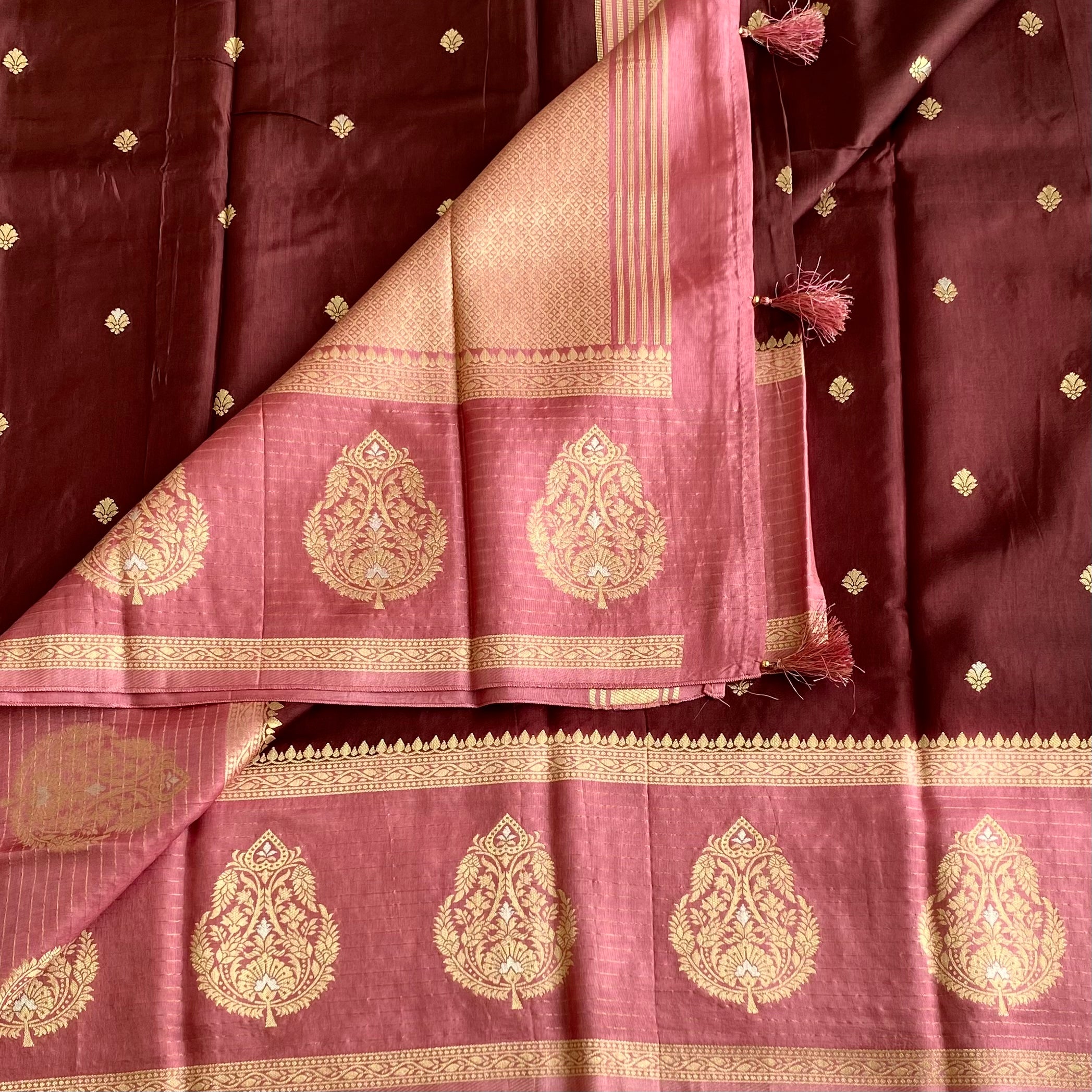 Deep Coffee Soft Tussar Silk Saree With Rose Pink Pallu