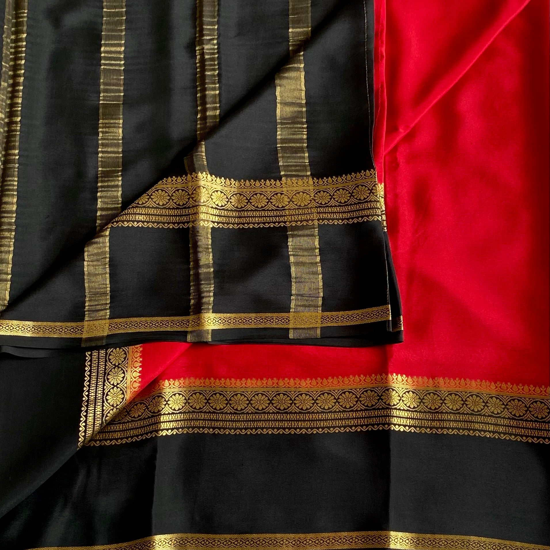 Scarlet Red Mysore Crepe Silk Saree With Jet Black Border