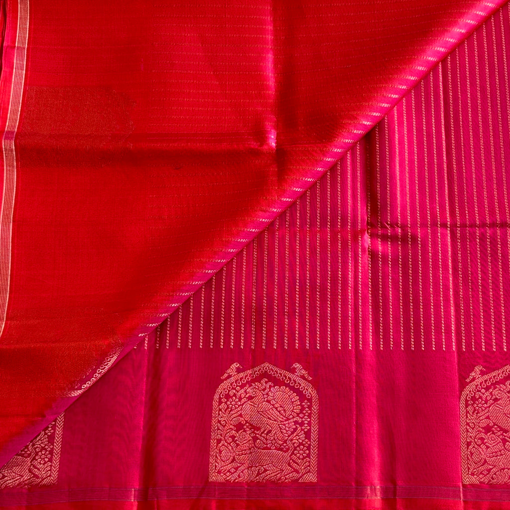 Dual shaded Kanakambari Pink Silk Saree with Gold Zari Temple Motifs and Tassels