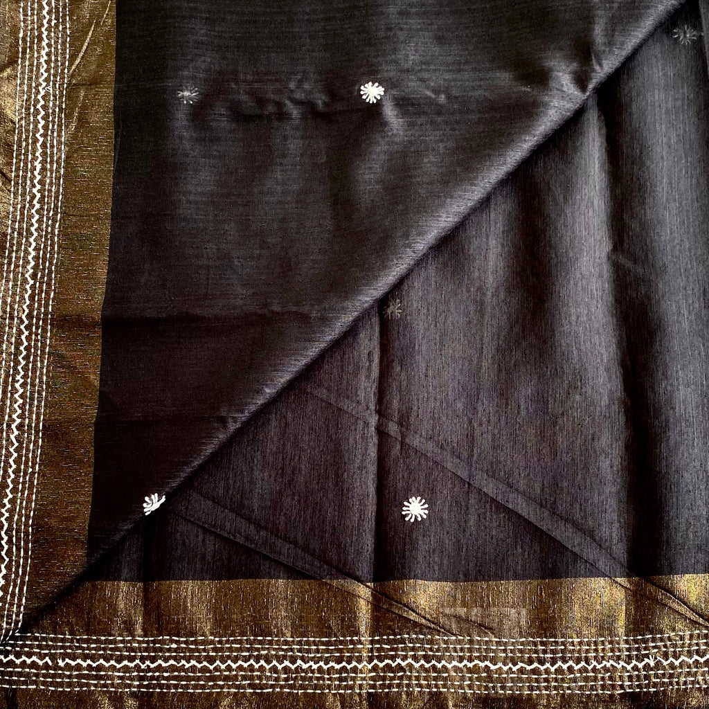 Midnight Black Soft Tussar Silk Saree With Antique Gold Border