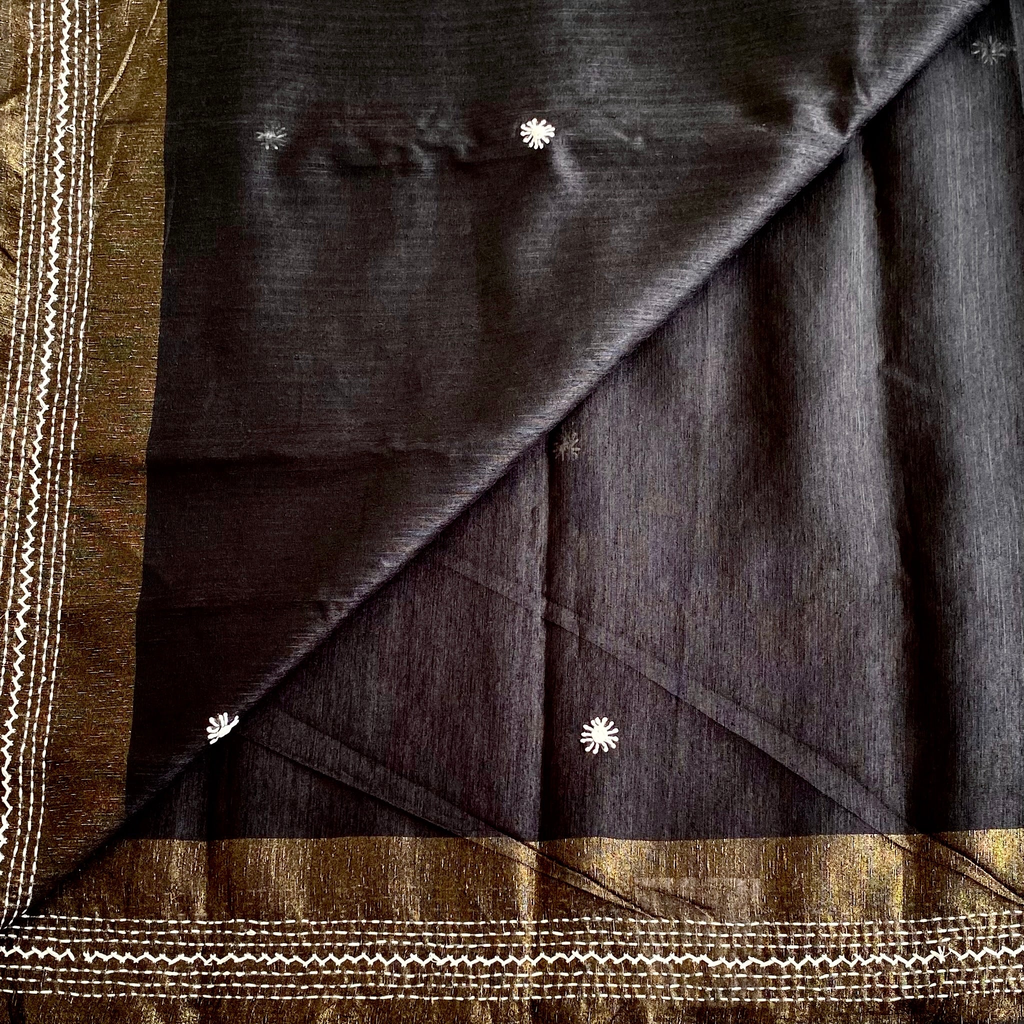 Midnight Black Soft Tussar Silk Saree With Antique Gold Border