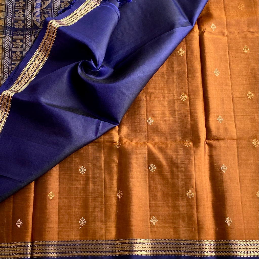 Copper Brown Designer Pure Silk Saree With Midnight Navy Pallu