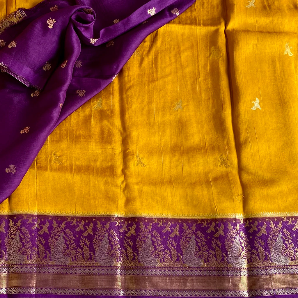 Sunflower Yellow Soft Tussar Silk Saree With Royal Purple Pallu