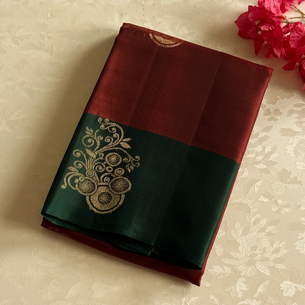 Pine Green Maroon Silk Saree Antique Gold Zari Floral Border