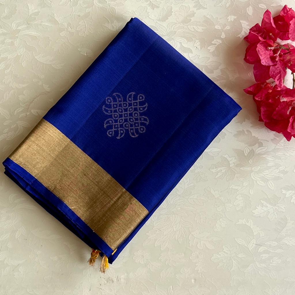 Royal Blue Saffron Silk Saree With Gold Border Medallion Motifs