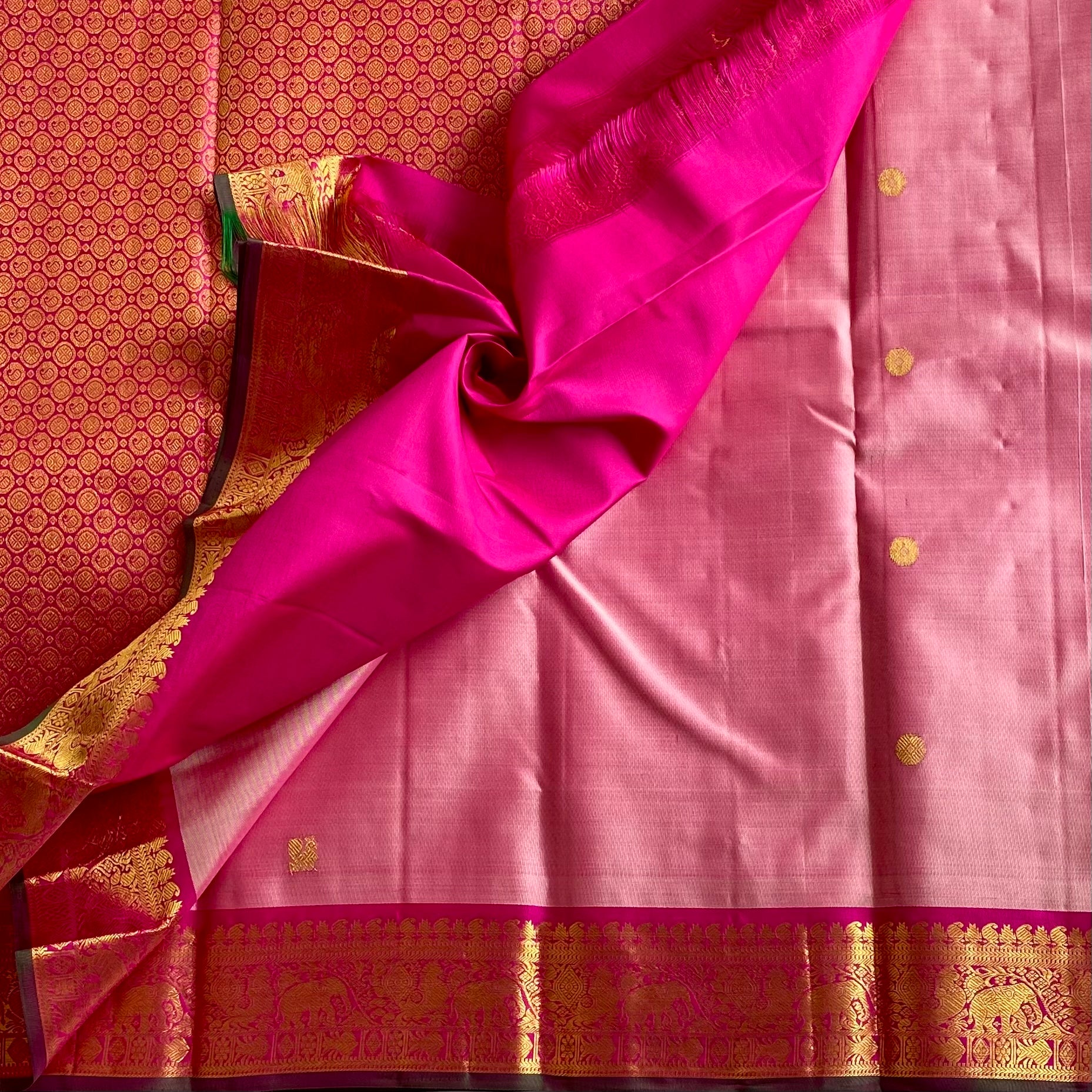 Blush Pink Kanjeevaram Pure Zari Silk Saree With Rani Pink Pallu